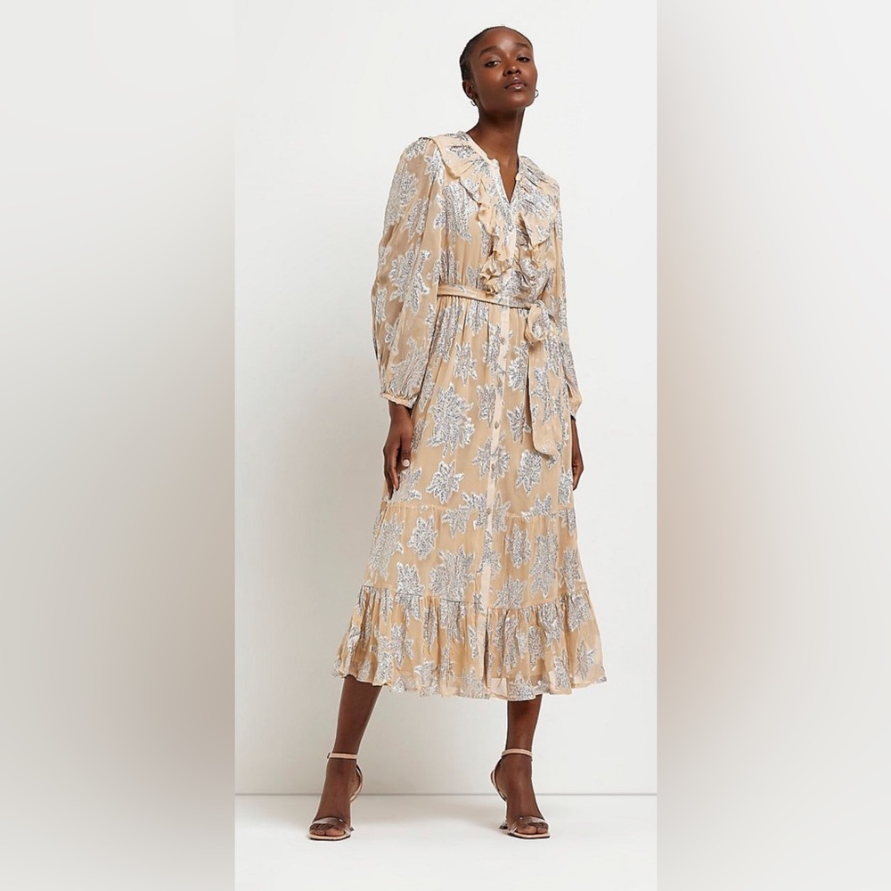 River Island ULTIMATE RUFFLE METALLIC FLORAL LONG SLEEVE DRESS IN LIGHT PINK - Picture 1 of 7